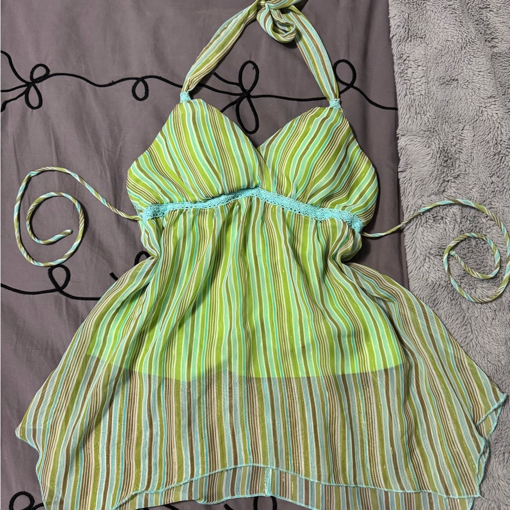 Vintage Jordache Green and Blue Striped Halter Top